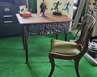 Antique Gothic Revival Carved Oak Hall Table.