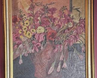 Manner of Cedric Morris Oil on Canvas Floral Still Life Expressionist Painting. Depicting an autumnal bouquet of asters, lilies, pot marigolds and violets. Illegible artist signature lower left.