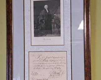 Several framed historical documents, including the above pictured attractive and rare hand written letter by Oliver Ellsworth (1745-1807). American founding father and third Chief Justice of the United States Supreme Court.
