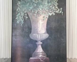 Signed Large Framed Urn Floral Print On Varnished, Stretched Canvas