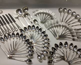 107pc STERLING GORHAM FAIRFAX PATTERN FLATWARE SET THIS LOT FEATURES GORHAMS ART DECO FAIRFAX PATTERN ON FINE STERLING SILVER FLATWARE. A CLASSIC INVESTMENT FOR ANY HOME AND CONTRIBUTES TO GENERATIONAL WEALTH. WEIGHTS ARE AS FOLLOWS. SOLID STERLING FLATWARE 3211.43 GRAMS, 7.08 lbs. FLATWARE W/ STERLING HANDLES 1043.26 GRAMS, 2.3 lbs. TOTAL COMBINED WEIGHT 4254.7 GRAMS, 9.38 lbs.