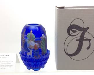 2 PIECE FENTON COBALT BLUE FAIRY LAMP, HAND PAINTED THE CELEBRATION SCENE SAVIOR IS BORN, LIMITED EDITION SIGNED BY ARTIST KIBBE