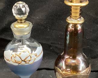 PAIR OF LONG DRIPPER GOLD DECORATED PERFUME BOTTLES, 5 & 7in H