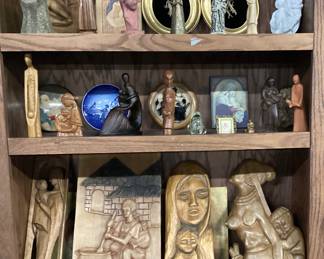 CHOICE OF SHELF LOT ASSORTED MOTHER & DAUGHTER ARTWORK, WOOD SCULPTURES, WOOD STATUES, WALL ART, CONCRETE, CHALKWARE FROM MANY DIFFERENT COUNTRIES