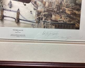 SIGNED ROBERT TAYLOR VICTORY SALUTE PRINT FRAMED AND SIGNED BY ARTIST AND VETERAN PILOTS FROM THE ERA. 31x25. No shipping pickup only