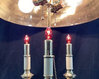 CHAPMAN BOUILLOTTE TRIPLE ARM SOLID BRASS LAMP THIS HIGHLY DESIRED 38 INCH VINTAGE LAMP FEATURES A 3 WAY SWITCH CONTROLLING THE LAMP AND CANDELABRAâ€™S TOGETHER OR SEPARATELY. NO SHIPPING PICKUP ONLY.