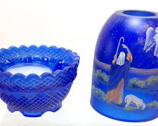 1999 FENTON COBALT BLUE SATIN FAIRY LAMP, THE ANNOUNCEMENT, BIRTH OF A SAVIOR, HAND PAINTED SIGNED BY ARTIST LIMITED EDITION 137?/2500