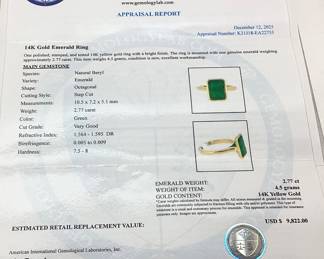 14KT YELLOW GOLD EMERALD RING, SIZE 6, 2.77ct EMERALD, 4.5g TOTAL WEIGHT, AIGL APPRAISAL $9,822.00