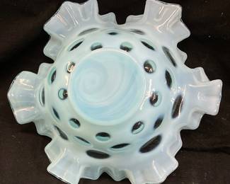 FENTON BLUE OPALESCENT COIN DOT BOWL