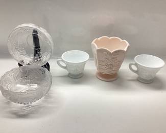 NAPCO PINK MILK GLASS VASE, 2 INDIANA MILK GLASS TEA CUP, 2 FOSTED BOWLS ALL WITH HARVEST GRAPE DESIGN