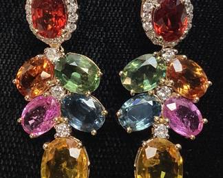 14KT YELLOW GOLD MULTI COLOR SAPPHIRE & DIAMOND EARRINGS, 13.75cts SAPPHIRES, 0.54cts DIAMONDS, 6.7g TOTAL WEIGHT, IAS APPRAISAL $10,890.00