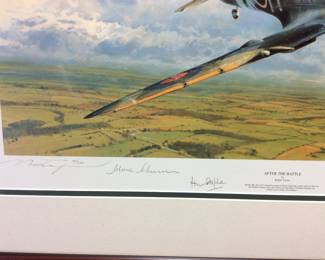 LTD. WW2 ROBERT TAYLOR PRINT, AFTER THE BATTLE, SIGNED #909/1000, SIGNATURES OF U.S. WARRIORS WHO WERE INSIDE THE BATTLE ARENA, SPITFIRE RETURNING FROM BATTLE OVER THE ENGLISH CHANNEL, 40in by 30in FRAMED NO SHIPPING PICKUP ONLY