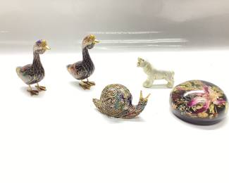 PAIR OF MINIATURE CLOISONNÃ‰ DUCKS AND GOLD TONED AND ENAMEL SNAIL AND LUSTERWARE LION WITH ORCHARD PAPERWEIGHT