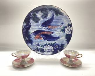 JAPANESE SUN CERAMICS BLUE AND WHITE KOI FISH PORCELAIN PLATE WITH 2 IRIDESCENT LUSTERWARE TEACUP AND SAUCER SET