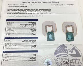 14KT YELLOW GOLD EMERALD & DIAMOND EARRINGS, WHITE ENAMEL SET AROUND CENTER STONES, 3.41cts EMERALD, 0.16cts DIAMONDS, 5.4g TOTAL WEIGHT, GGA APPRAISAL $13,580.00