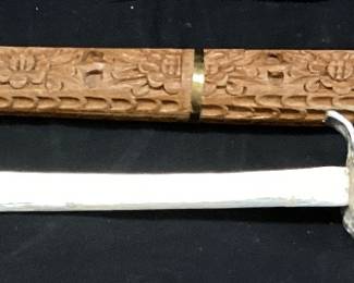  VTG. HAND CARVED SWORD, FLORAL MOTIF CARVING, w SCABBARD