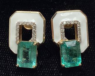 14KT YELLOW GOLD EMERALD & DIAMOND EARRINGS, WHITE ENAMEL SET AROUND CENTER STONES, 3.41cts EMERALD, 0.16cts DIAMONDS, 5.4g TOTAL WEIGHT, GGA APPRAISAL $13,580.00