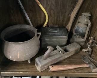 ASSORTED VTG. TOOLS, PLANERS, CAST IRON BEAN POT, HATCHET