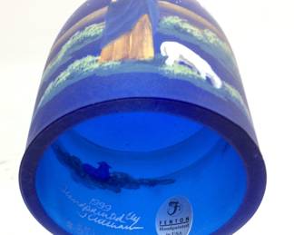1999 FENTON COBALT BLUE SATIN FAIRY LAMP, THE ANNOUNCEMENT, BIRTH OF A SAVIOR, HAND PAINTED SIGNED BY ARTIST LIMITED EDITION 137?/2500