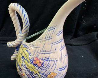 (3) 1955 HULL POTTERY BLOSSOM FLITE T1 HONEY JUG PITCHER, T8 BASKET, T3 PITCHER/VASE