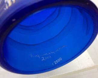 2 PIECE FENTON COBALT BLUE FAIRY LAMP, HAND PAINTED THE CELEBRATION SCENE SAVIOR IS BORN, LIMITED EDITION SIGNED BY ARTIST KIBBE