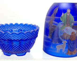 2 PIECE FENTON COBALT BLUE FAIRY LAMP, HAND PAINTED THE CELEBRATION SCENE SAVIOR IS BORN, LIMITED EDITION SIGNED BY ARTIST KIBBE
