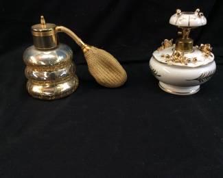  VTG. DEVILBISS PERFUME ATOMIZER & A LADY FAIR CERAMIC HAND PAINTED VANITY PERFUME ATOMIZER
