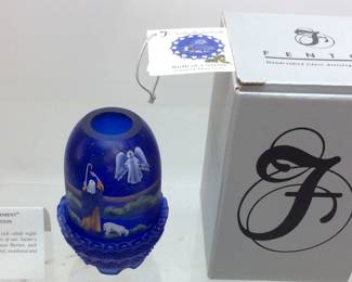1999 FENTON COBALT BLUE SATIN FAIRY LAMP, THE ANNOUNCEMENT, BIRTH OF A SAVIOR, HAND PAINTED SIGNED BY ARTIST LIMITED EDITION 137?/2500