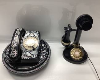  MOTHER OF PEARL INLAY BLACK LACQUER KOREAN GOLDSTAR TELE-ELECTRIC ROTARY PHONE AND A ROTARY CANDLESTICK PHONE