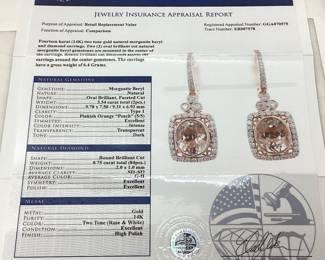  14KT ROSE & WHITE GOLD MORGANITE & DIAMOND EARRINGS, 3.54cts MORGANITE, 0.75cts DIAMONDS, 6.4g TOTAL WEIGHT, GGA APPRAISAL $10,860.00