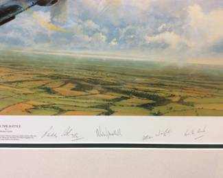 LTD. WW2 ROBERT TAYLOR PRINT, AFTER THE BATTLE, SIGNED #909/1000, SIGNATURES OF U.S. WARRIORS WHO WERE INSIDE THE BATTLE ARENA, SPITFIRE RETURNING FROM BATTLE OVER THE ENGLISH CHANNEL, 40in by 30in FRAMED NO SHIPPING PICKUP ONLY