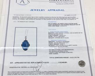 14KT WHITE GOLD AQUAMARINE & DIAMOND PENDANT, 18in L CHAIN, 24.22ct AQUAMARINE, 0.30cts DIAMONDS, 8.4g TOTAL WEIGHT, IAS APPRAISAL $8,940.00