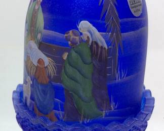 2 PIECE FENTON COBALT BLUE FAIRY LAMP, HAND PAINTED THE CELEBRATION SCENE SAVIOR IS BORN, LIMITED EDITION SIGNED BY ARTIST KIBBE