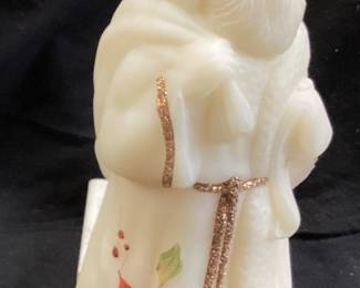 FENTON POINSETTIA GLOW SANTA CLAUS FIGURINE, HAND PAINTED BY J.POWELL, 8in H
