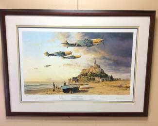 WW2 BY ROBERT TAYLOR, ACES ON THE WESTERN FRONT SIGNED #889/1250, LIMITED PRINT DEPICTING GERMAN LUFTWAFFE Me109s OVER THE NORMANDY COASTLINE, 41in by 30in, FRAMED NO SHIPPING PICKUP ONLY