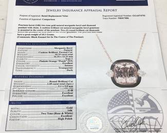14KT ROSE & WHITE GOLD MORGANITE & DIAMOND PENDANT, WITH CHAIN, BLACK ENAMEL SET, 10.25ct MORGANITE, 1.05cts DIAMONDS, 10.1g TOTAL WEIGHT, GGA APPRAISAL $23,480.00