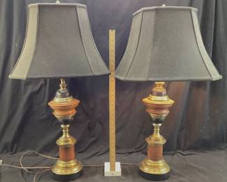 MCM BRASS AND WOODEN TABLE LAMPS THESE LAMPS FEATURE 3 WAY SWITCHES WITH RUSTIC WOOD AND BRASS ACCENTS. NO SHIPPING PICKUP ONLY