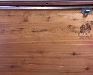 1951 LANE COMPANY AROMA TITE CEDAR CHEST COLONIAL LOWBOY MODEL WITH ORIGINAL WARRANTY PAPERWORK. HAS DAMAGE TO FEET. NO SHIPPING PICKUP ONLY