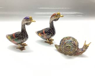 PAIR OF MINIATURE CLOISONNÃ‰ DUCKS AND GOLD TONED AND ENAMEL SNAIL AND LUSTERWARE LION WITH ORCHARD PAPERWEIGHT