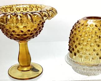FENTON COLONIAL AMBER GLASS HOBNAIL FAIRY LAMP 3 PIECES, 9in H