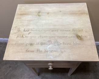 WOOD ACCENT TABLE w WOOD BURNED DECORATION TOP NO SHIPPING PICKUP ONLY