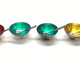 4 MEKA DENMARK MINI SILVER PLATE ENAMAL BOWLS WITH SPOONS