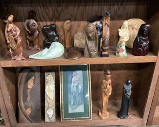 CHOICE OF SHELF LOT ASSORTED MOTHER & DAUGHTER ARTWORK, WOOD SCULPTURES, WOOD STATUES, WALL ART, CONCRETE, CHALKWARE FROM MANY DIFFERENT COUNTRIES