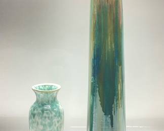 VTG. DRIP GLAZE GREEN POTTERY VASE 18 INCHES TALL AND BLUE AND GREEN GLAZE FLAMBÃ‰ POTTERY VASE 7 INCHES TALL