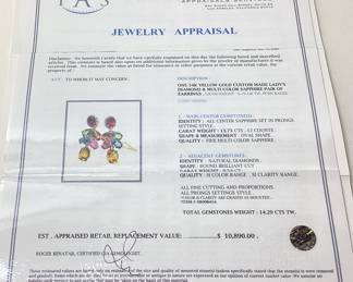 14KT YELLOW GOLD MULTI COLOR SAPPHIRE & DIAMOND EARRINGS, 13.75cts SAPPHIRES, 0.54cts DIAMONDS, 6.7g TOTAL WEIGHT, IAS APPRAISAL $10,890.00