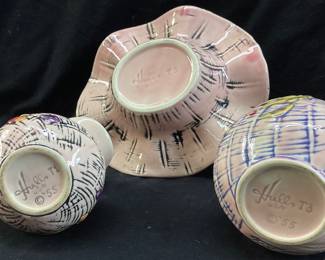 (3) 1955 HULL POTTERY BLOSSOM FLITE T1 HONEY JUG PITCHER, T8 BASKET, T3 PITCHER/VASE