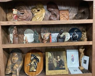 CHOICE OF SHELF LOT ASSORTED MOTHER & DAUGHTER ARTWORK, WOOD SCULPTURES, WOOD STATUES, WALL ART, CONCRETE, CHALKWARE FROM MANY DIFFERENT COUNTRIES