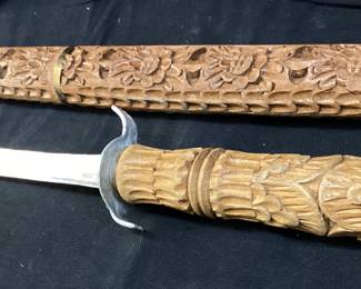 VTG. HAND CARVED SWORD, FLORAL MOTIF CARVING, w SCABBARD