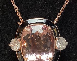 14KT ROSE & WHITE GOLD MORGANITE & DIAMOND PENDANT, WITH CHAIN, BLACK ENAMEL SET, 10.25ct MORGANITE, 1.05cts DIAMONDS, 10.1g TOTAL WEIGHT, GGA APPRAISAL $23,480.00