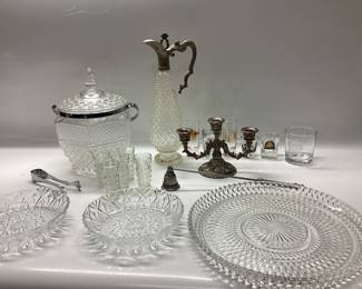  VINTAGE CUT CRYSTAL LOT PICK UP ONLY ANCHOR ICE BUCKET, LENARD PITCHED, 3 ARM CANDELABRA, CANDLE SNUFFER, SERVING PLATER, BOWLS AND MIX OF SHOT GLASSES
